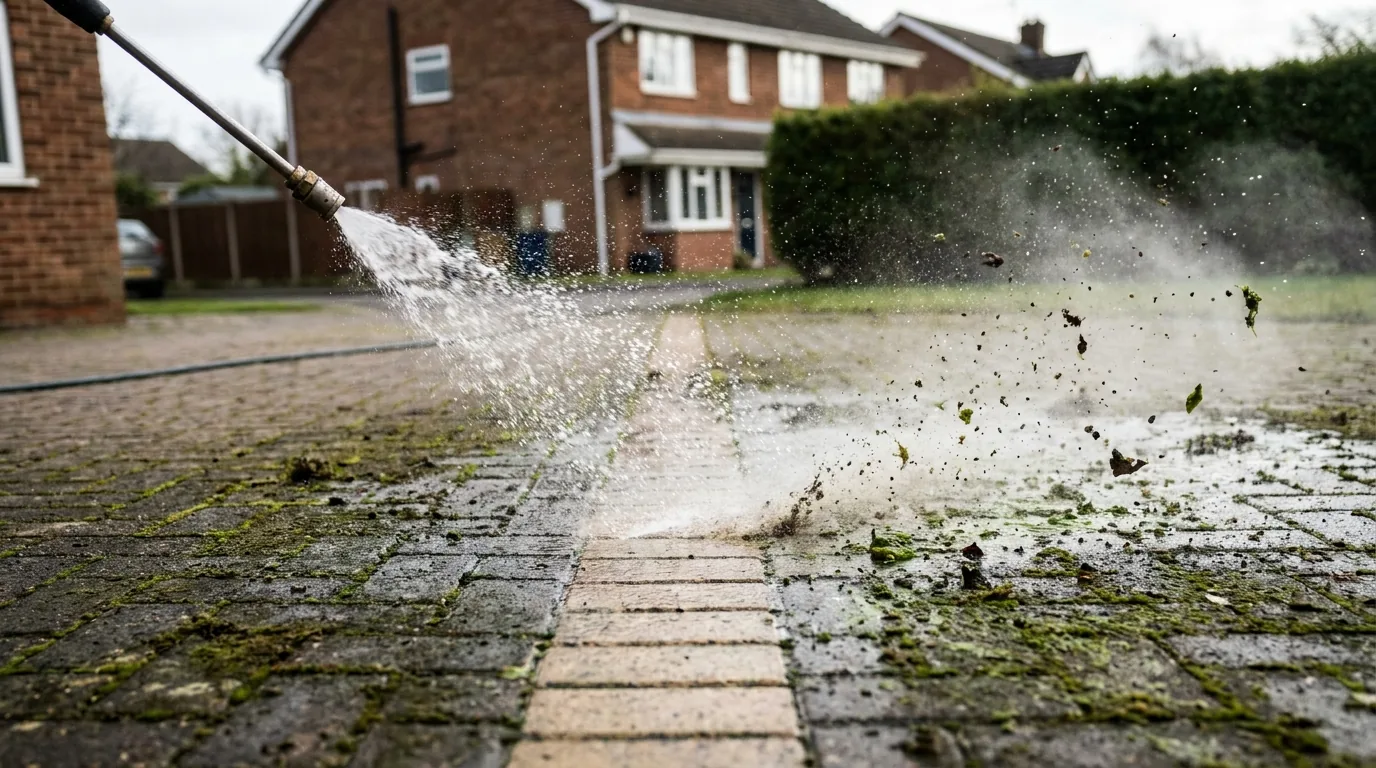 Block paving driveway being professionally pressure washed