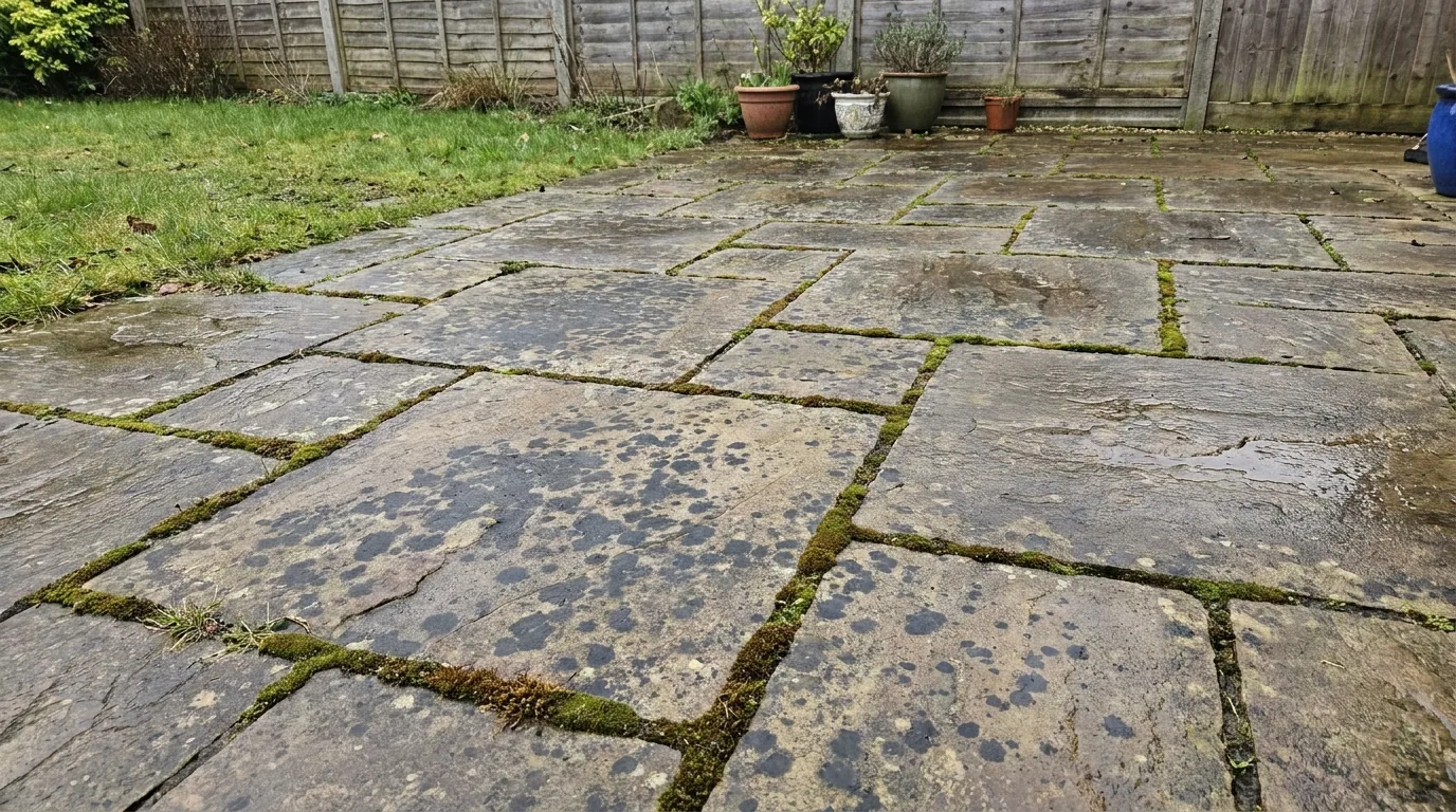 Sandstone patio before cleaning