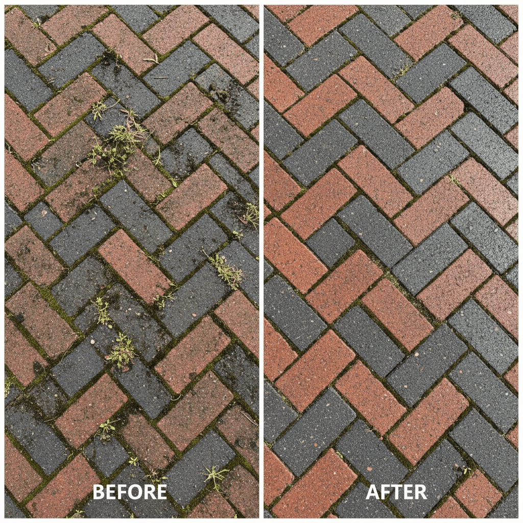 Block paving cleaning before and after - Surrey