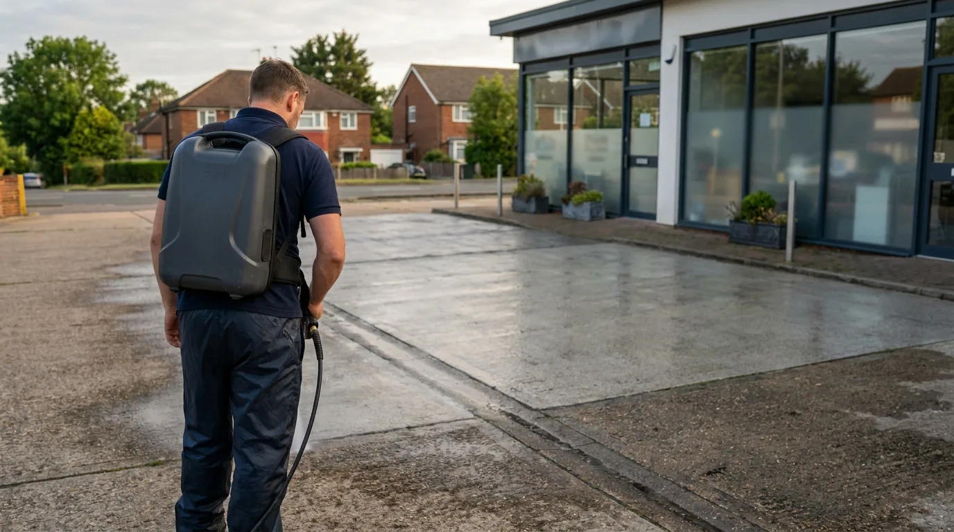 Commercial forecourt being professionally cleaned