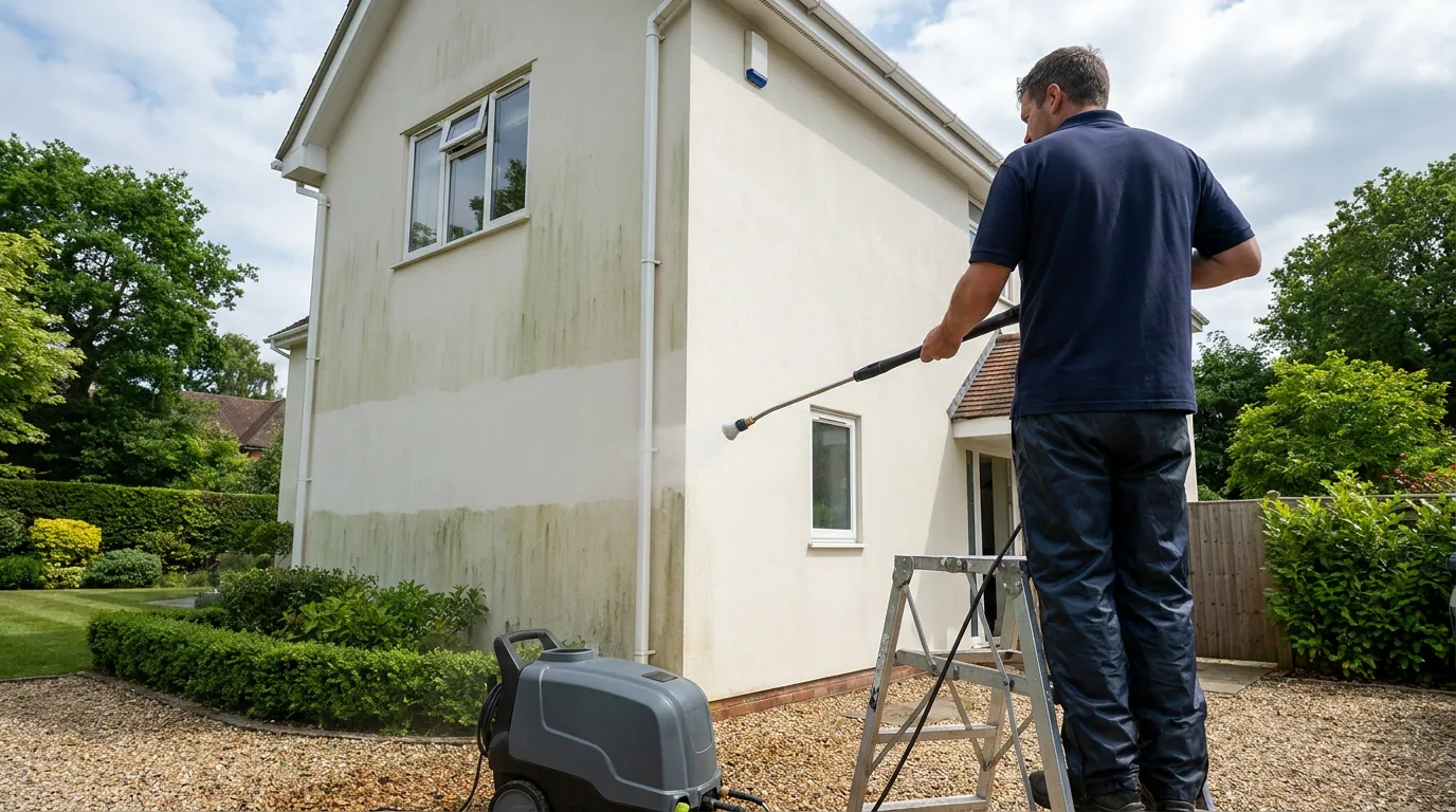 Modern UK house being soft-washed